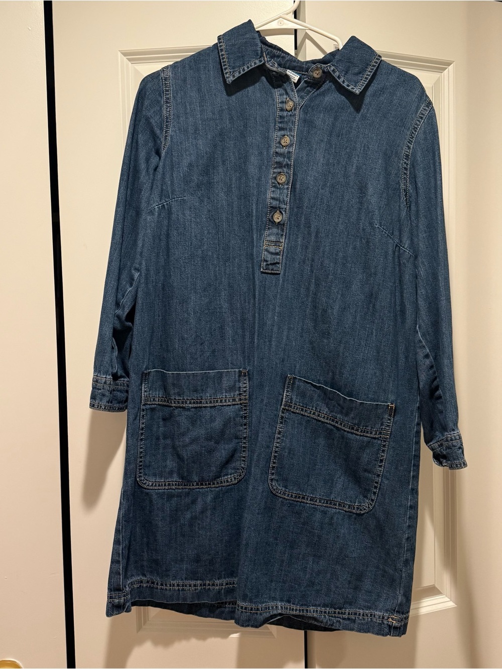 Denim Button-Front Shirt Dress with Patch Pockets - Dark Blue
